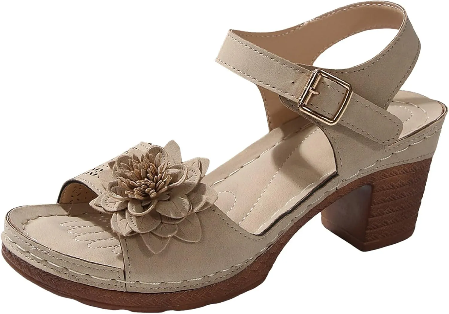 SuanlaTDS Chunky Block Heels Sandals for Women Summer 2025 Flower Open Toe Buckle Ankle Strap Platform Arch Support Comfortable Outdoor Walking Shoes Low Heeled Sandal for Daily Wear