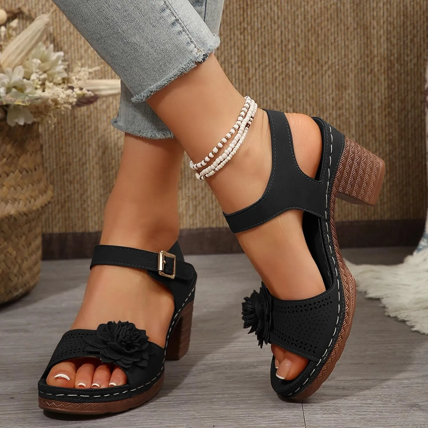 SuanlaTDS Chunky Block Heels Sandals for Women Summer 2025 Flower Open Toe Buckle Ankle Strap Platform Arch Support Comfortable Outdoor Walking Shoes Low Heeled Sandal for Daily Wear