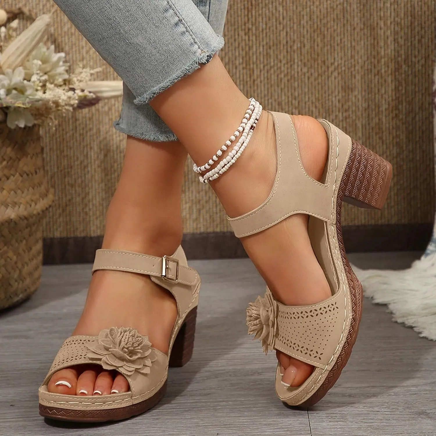 SuanlaTDS Chunky Block Heels Sandals for Women Summer 2025 Flower Open Toe Buckle Ankle Strap Platform Arch Support Comfortable Outdoor Walking Shoes Low Heeled Sandal for Daily Wear