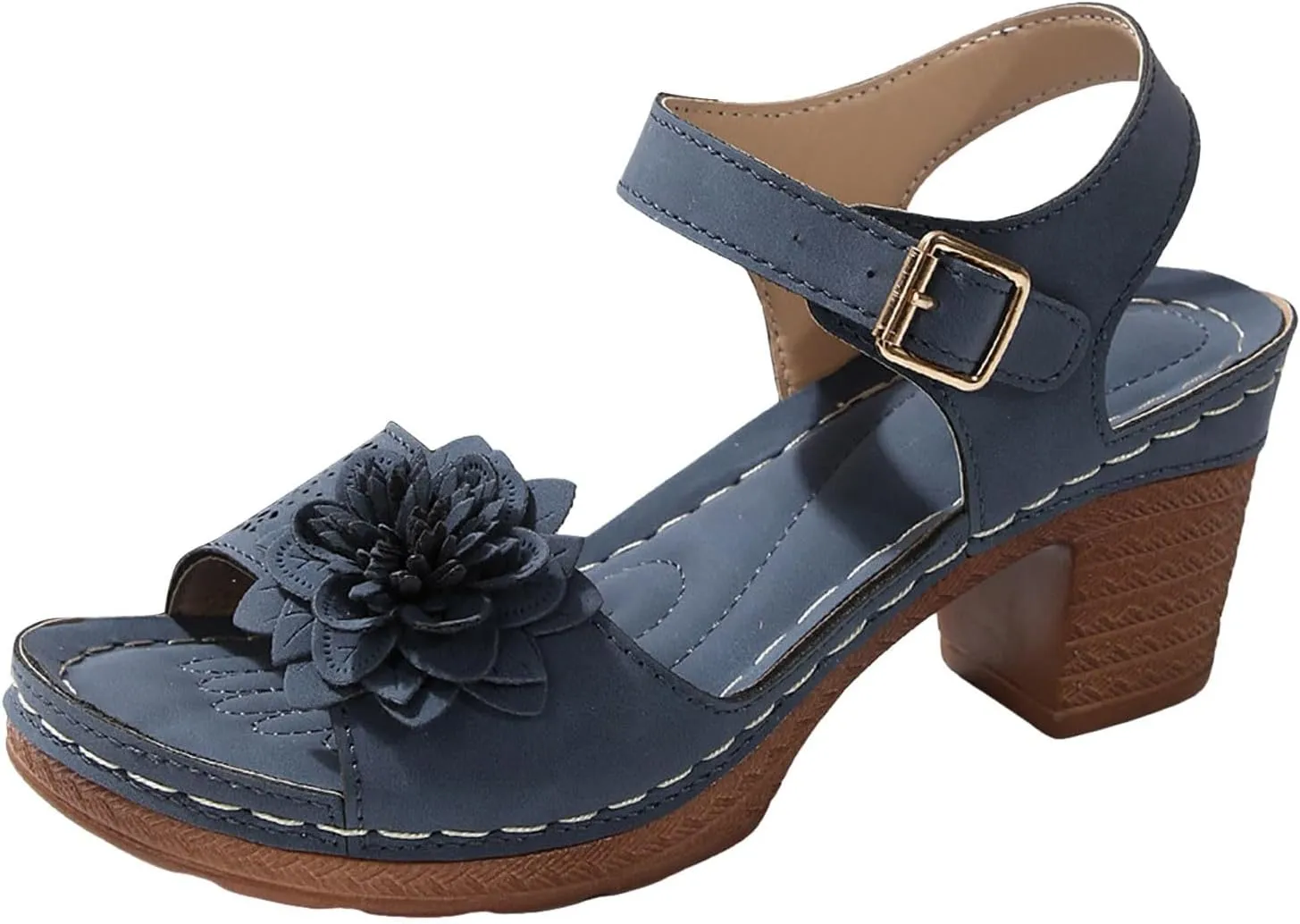 SuanlaTDS Chunky Block Heels Sandals for Women Summer 2025 Flower Open Toe Buckle Ankle Strap Platform Arch Support Comfortable Outdoor Walking Shoes Low Heeled Sandal for Daily Wear