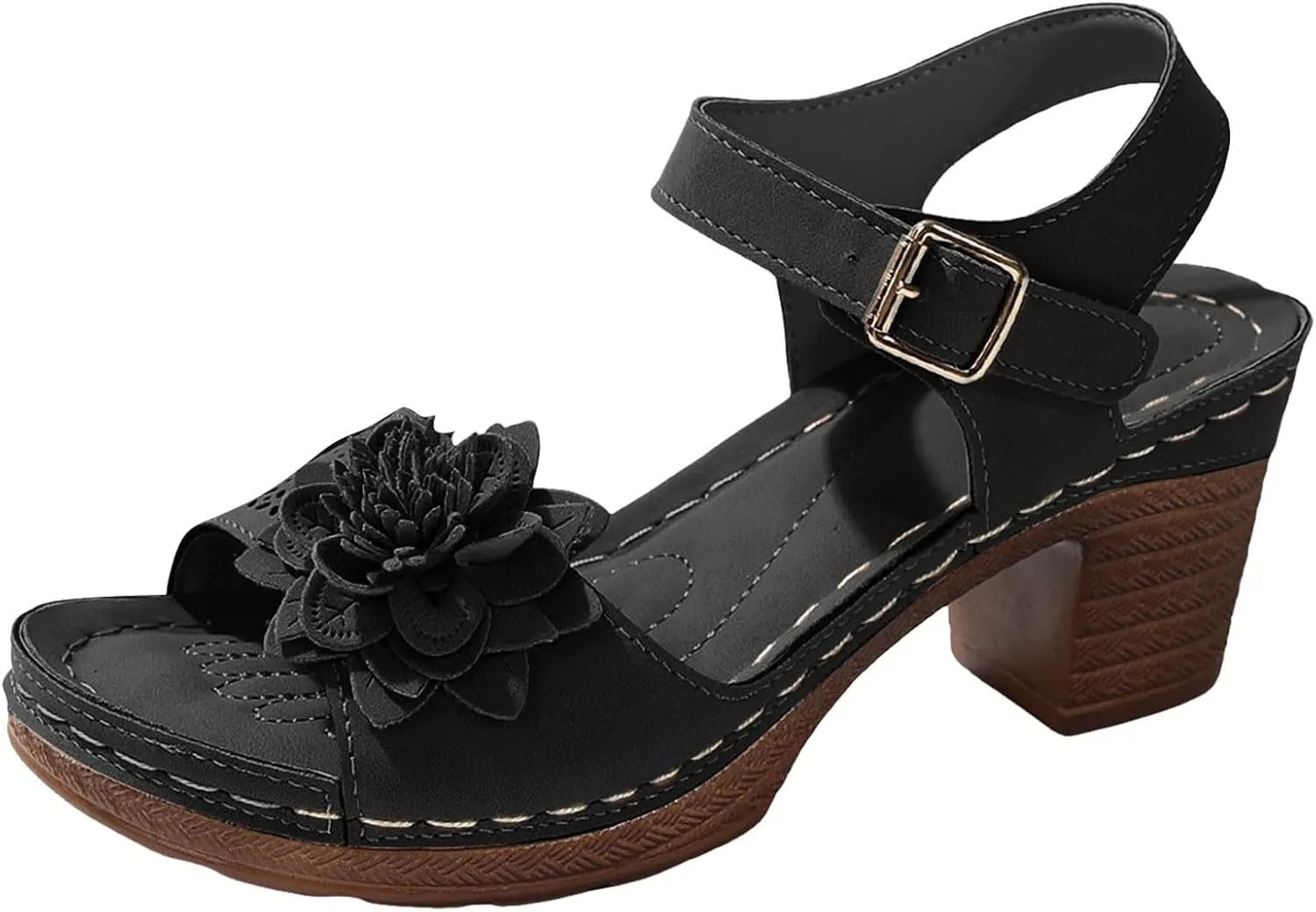 SuanlaTDS Chunky Block Heels Sandals for Women Summer 2025 Flower Open Toe Buckle Ankle Strap Platform Arch Support Comfortable Outdoor Walking Shoes Low Heeled Sandal for Daily Wear