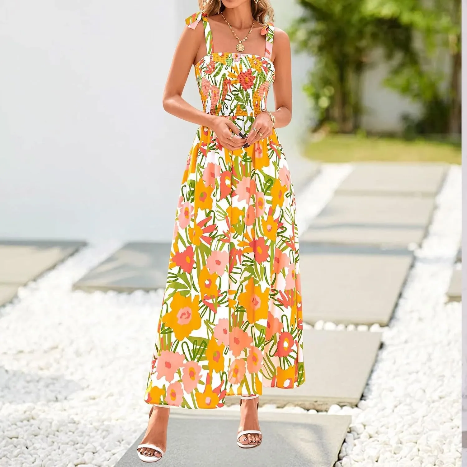 Summer Dresses for Women 2025 Sleeveless Smocked Boho Floral Maxi Dresses Spaghetti Strap Beach Sundress with Pockets