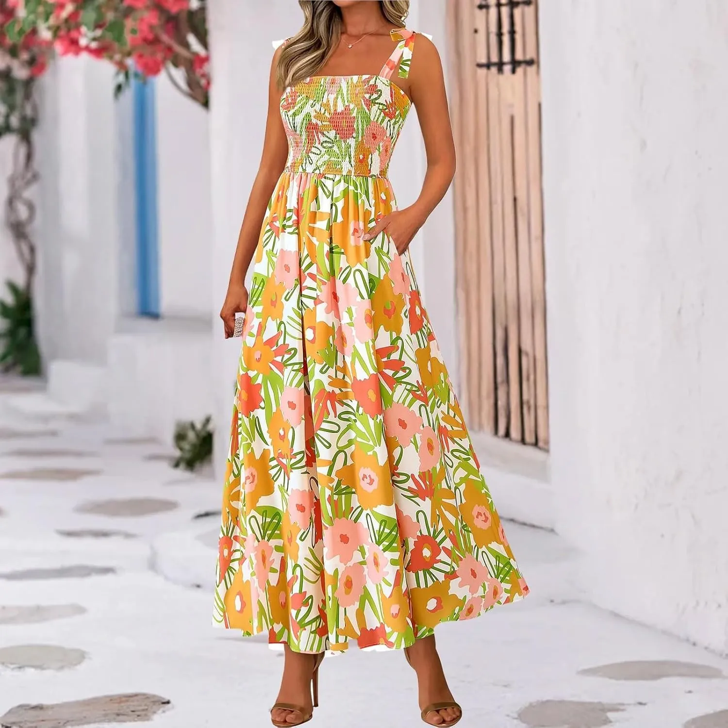 Summer Dresses for Women 2025 Sleeveless Smocked Boho Floral Maxi Dresses Spaghetti Strap Beach Sundress with Pockets