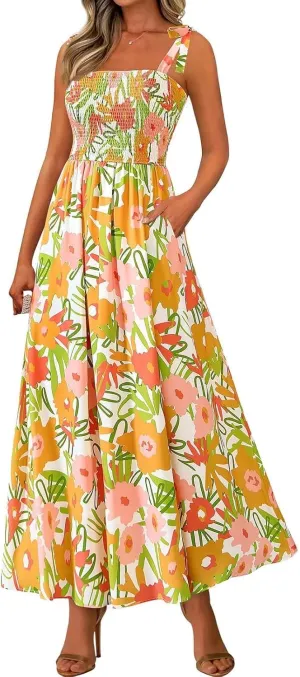 Summer Dresses for Women 2025 Sleeveless Smocked Boho Floral Maxi Dresses Spaghetti Strap Beach Sundress with Pockets