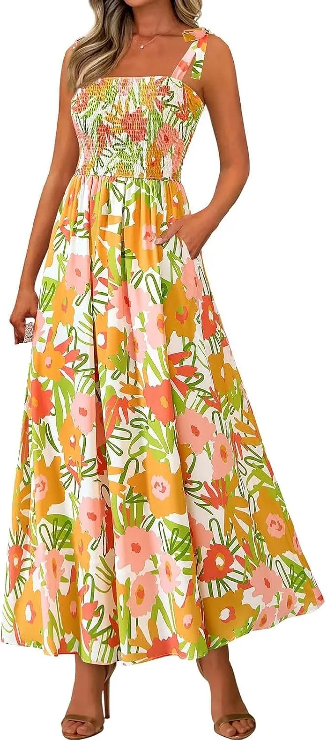 Summer Dresses for Women 2025 Sleeveless Smocked Boho Floral Maxi Dresses Spaghetti Strap Beach Sundress with Pockets