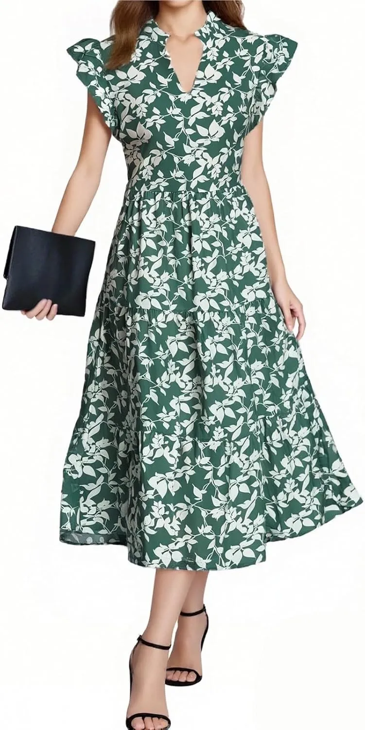 Summer Dresses for Women 2025 V Neck Cap Sleeve Floral Maxi Dress Flowy Tiered Ruffle Boho Dresses Beach Vacation Sundress