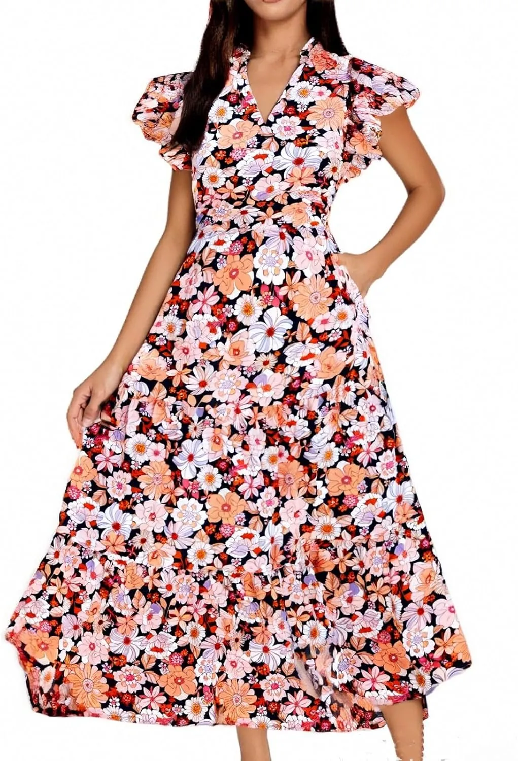 Summer Dresses for Women 2025 V Neck Cap Sleeve Floral Maxi Dress Flowy Tiered Ruffle Boho Dresses Beach Vacation Sundress