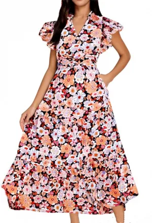 Summer Dresses for Women 2025 V Neck Cap Sleeve Floral Maxi Dress Flowy Tiered Ruffle Boho Dresses Beach Vacation Sundress