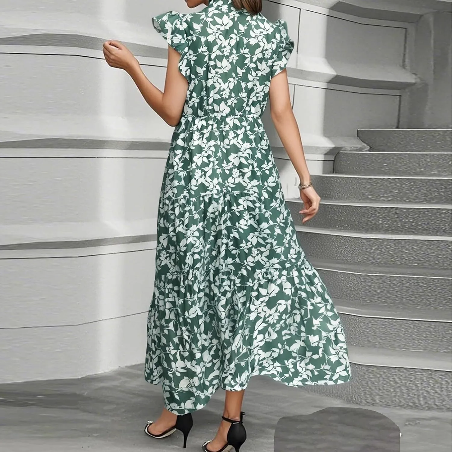 Summer Dresses for Women 2025 V Neck Cap Sleeve Floral Maxi Dress Flowy Tiered Ruffle Boho Dresses Beach Vacation Sundress