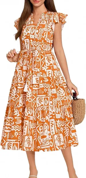 Summer Dresses for Women 2025 V Neck Cap Sleeve Floral Ruffle Maxi Dress Tiered Flowy Boho Midi Dresses with Pockets