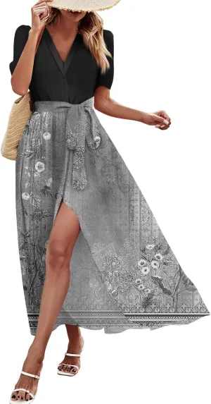Summer Dresses for Women 2025 V Neck Floral Short Sleeve Maxi Dress Boho Belted Split Wrap Flowy Dresses Beach Sundress