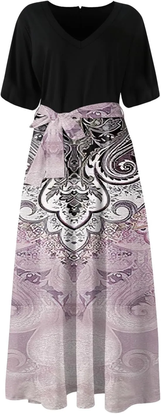 Summer Dresses for Women 2025 V Neck Floral Short Sleeve Maxi Dress Boho Belted Split Wrap Flowy Dresses Beach Sundress