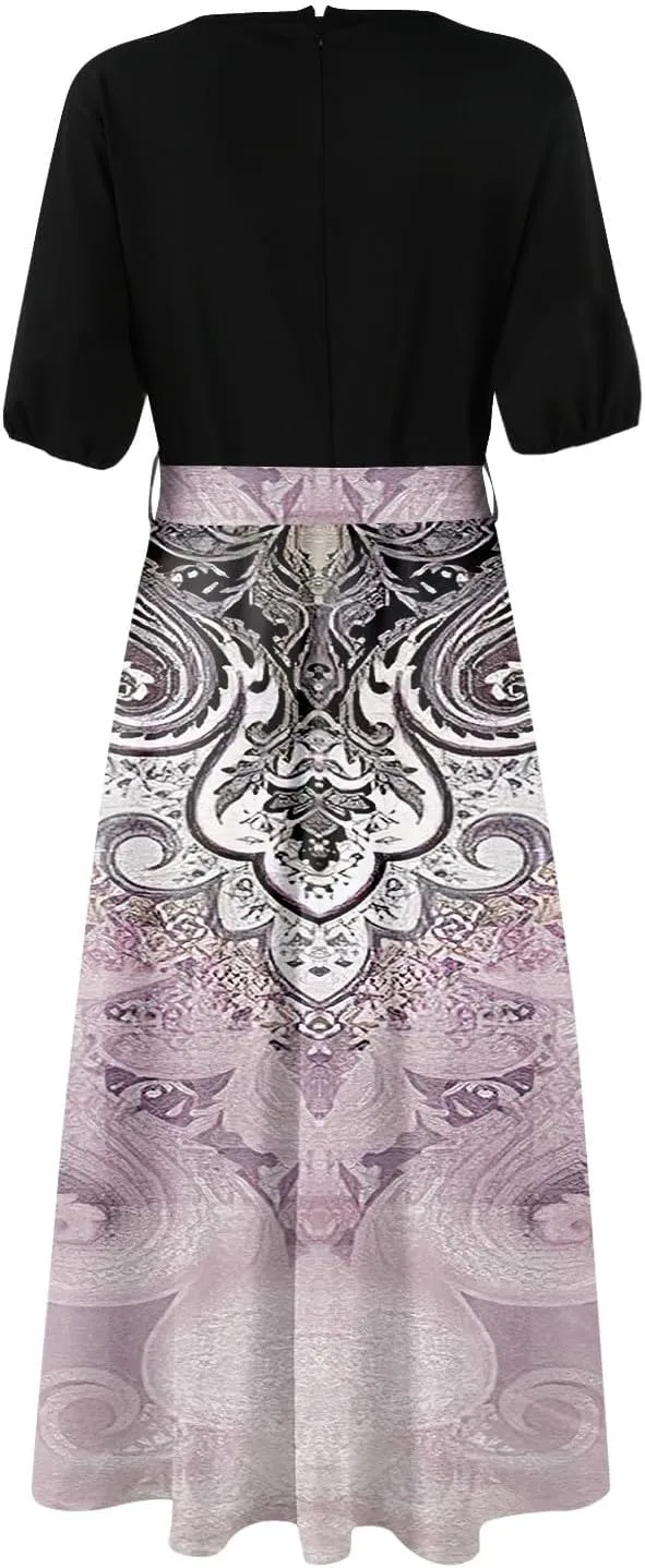 Summer Dresses for Women 2025 V Neck Floral Short Sleeve Maxi Dress Boho Belted Split Wrap Flowy Dresses Beach Sundress