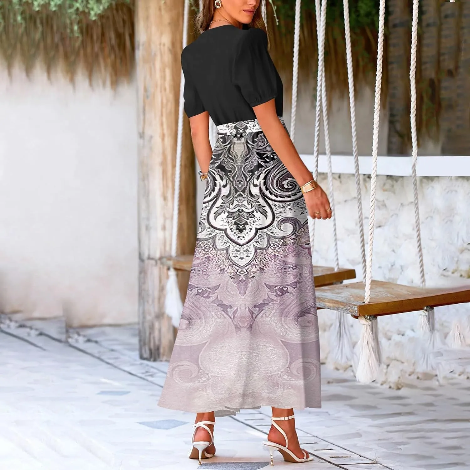 Summer Dresses for Women 2025 V Neck Floral Short Sleeve Maxi Dress Boho Belted Split Wrap Flowy Dresses Beach Sundress