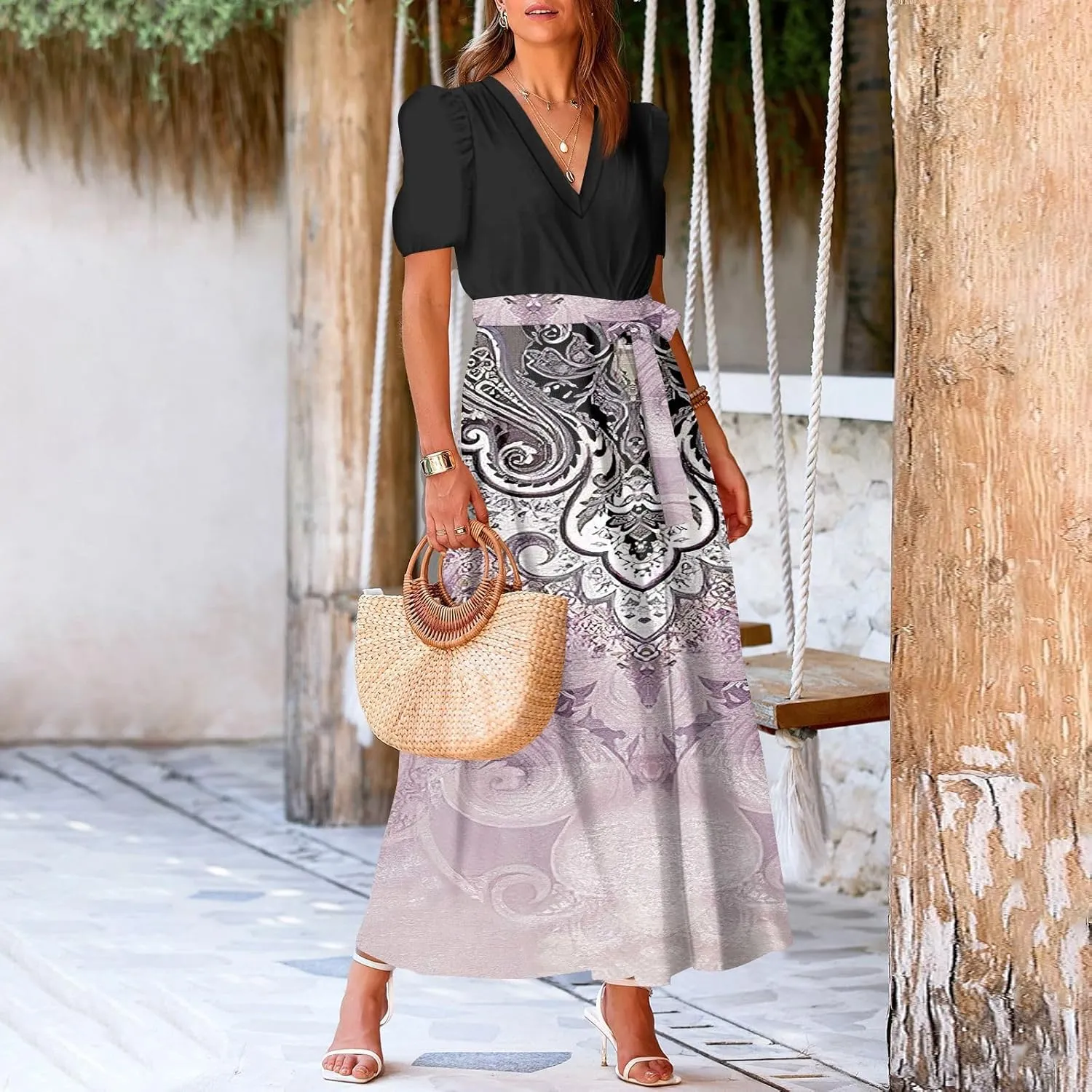 Summer Dresses for Women 2025 V Neck Floral Short Sleeve Maxi Dress Boho Belted Split Wrap Flowy Dresses Beach Sundress
