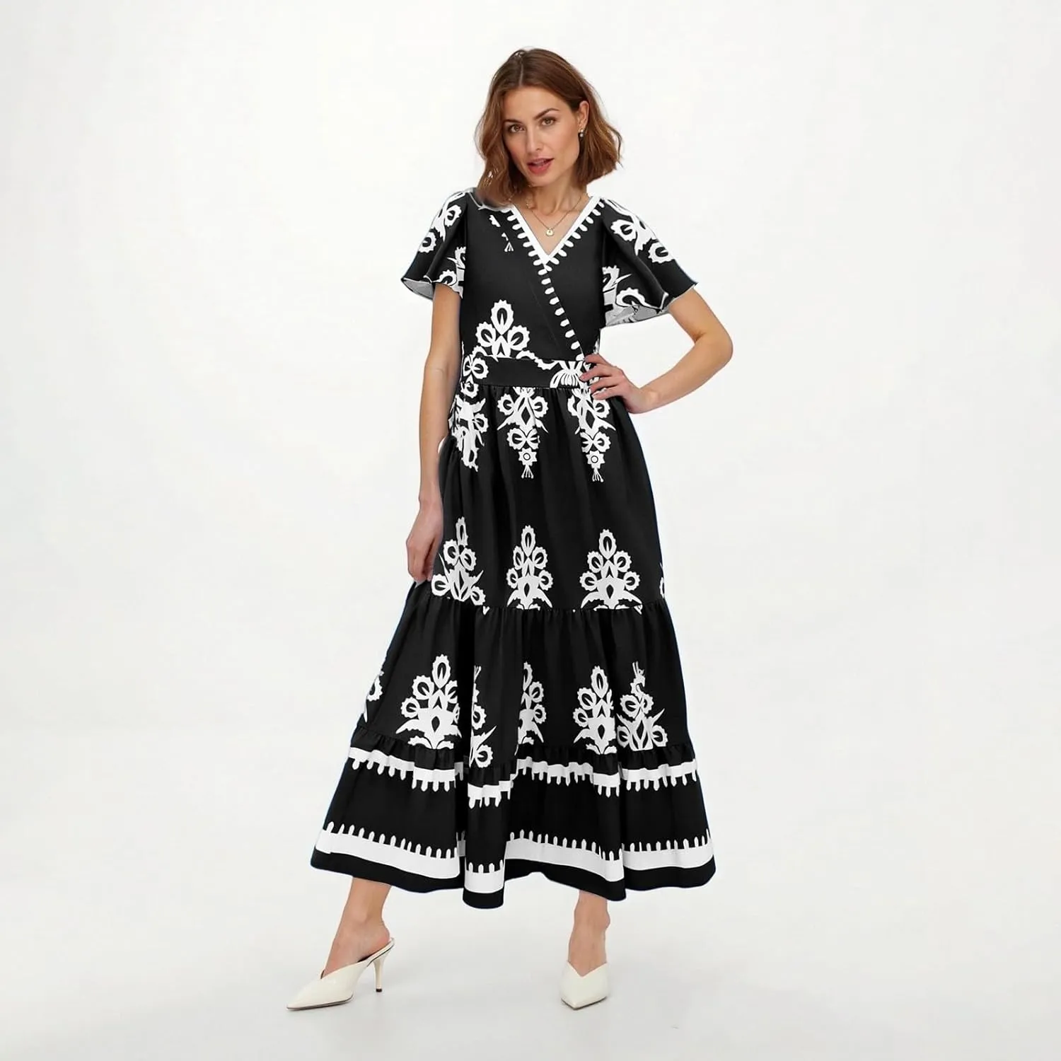 Summer Dresses for Women V Neck Short Sleeve Wrap Midi Dress Empire Waist A Line Ruffle Tiered Maxi Dress with Pockets