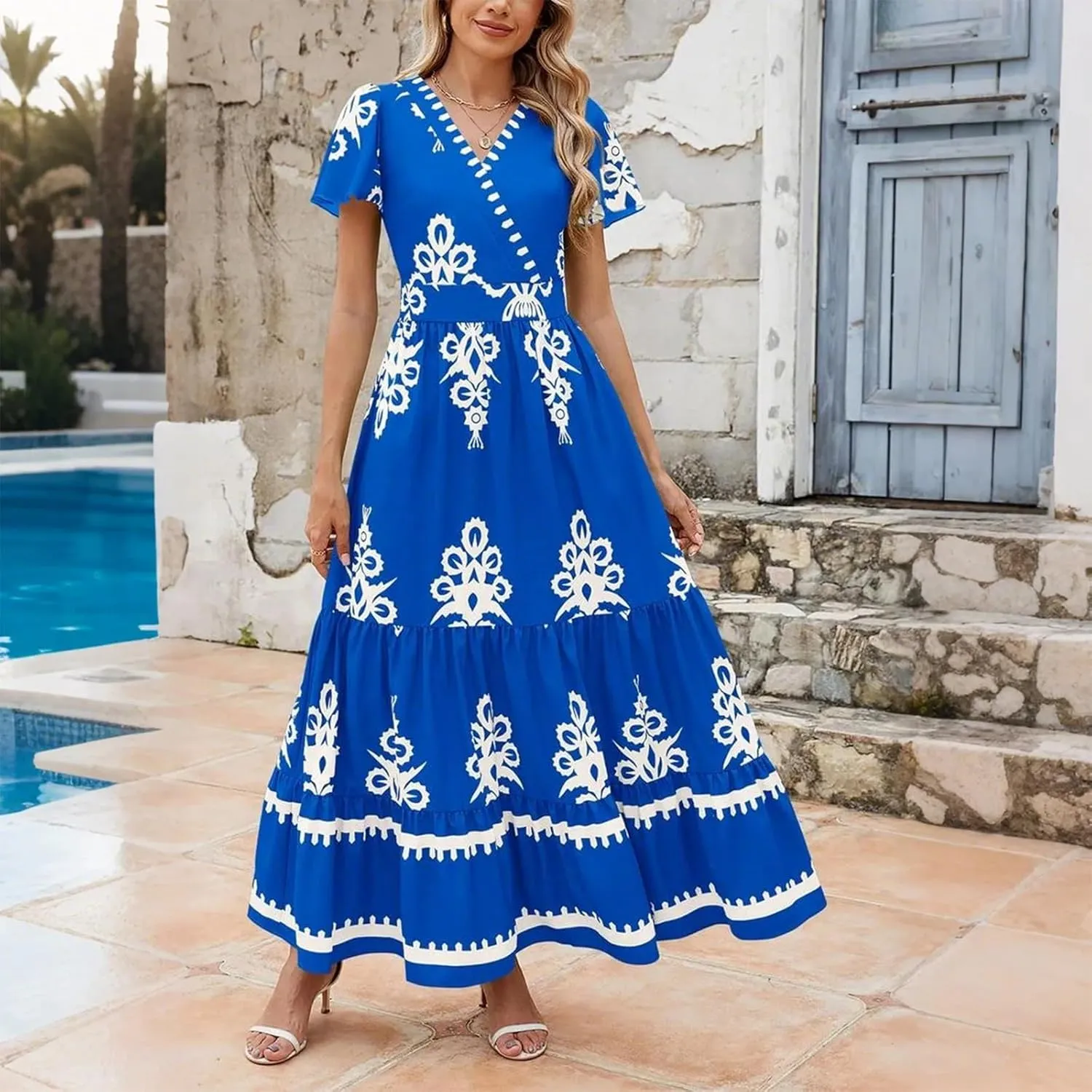 Summer Dresses for Women V Neck Short Sleeve Wrap Midi Dress Empire Waist A Line Ruffle Tiered Maxi Dress with Pockets