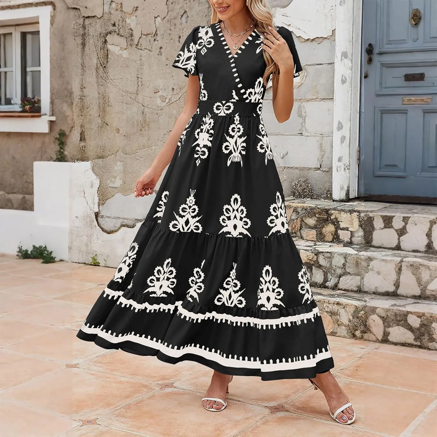 Summer Dresses for Women V Neck Short Sleeve Wrap Midi Dress Empire Waist A Line Ruffle Tiered Maxi Dress with Pockets