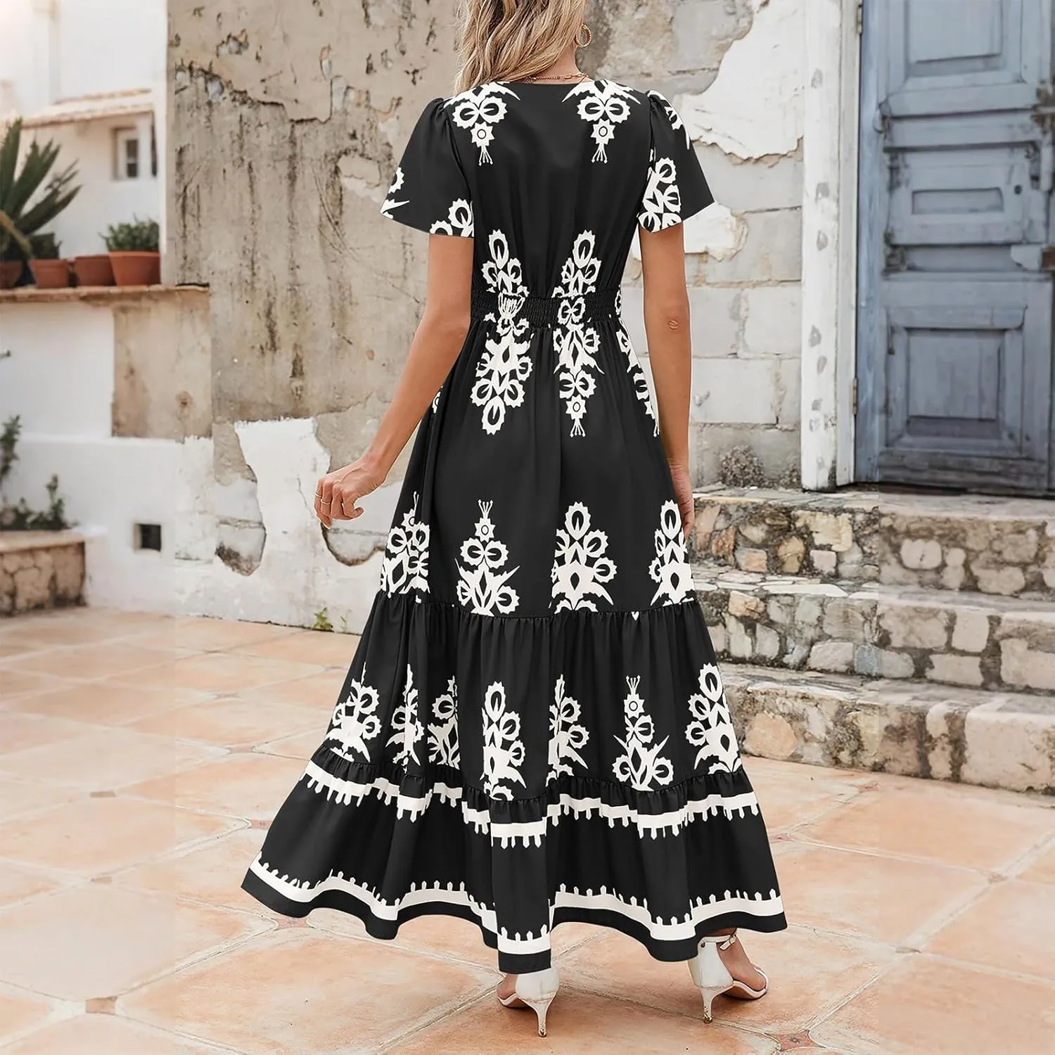 Summer Dresses for Women V Neck Short Sleeve Wrap Midi Dress Empire Waist A Line Ruffle Tiered Maxi Dress with Pockets