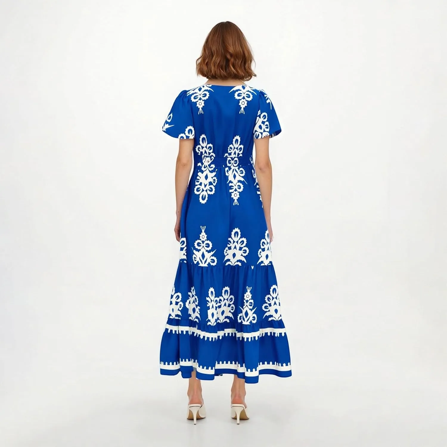 Summer Dresses for Women V Neck Short Sleeve Wrap Midi Dress Empire Waist A Line Ruffle Tiered Maxi Dress with Pockets