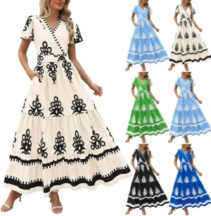 Summer Dresses for Women V Neck Short Sleeve Wrap Midi Dress Empire Waist A Line Ruffle Tiered Maxi Dress with Pockets