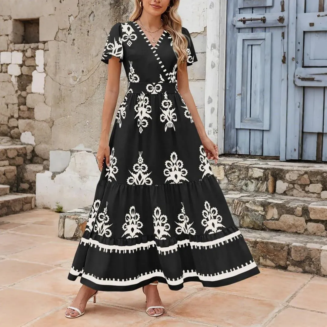 Summer Dresses for Women V Neck Short Sleeve Wrap Midi Dress Empire Waist A Line Ruffle Tiered Maxi Dress with Pockets