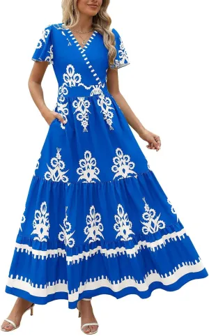 Summer Dresses for Women V Neck Short Sleeve Wrap Midi Dress Empire Waist A Line Ruffle Tiered Maxi Dress with Pockets