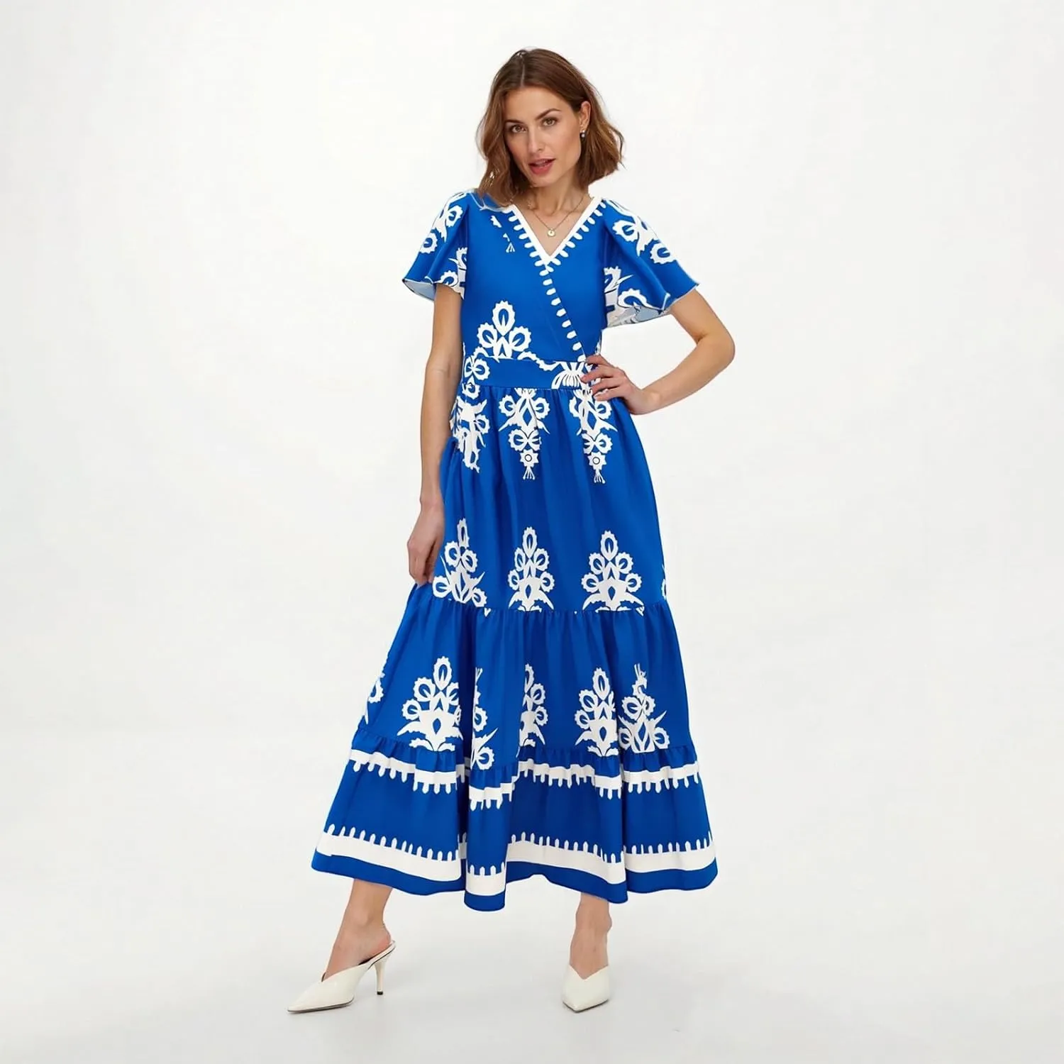 Summer Dresses for Women V Neck Short Sleeve Wrap Midi Dress Empire Waist A Line Ruffle Tiered Maxi Dress with Pockets