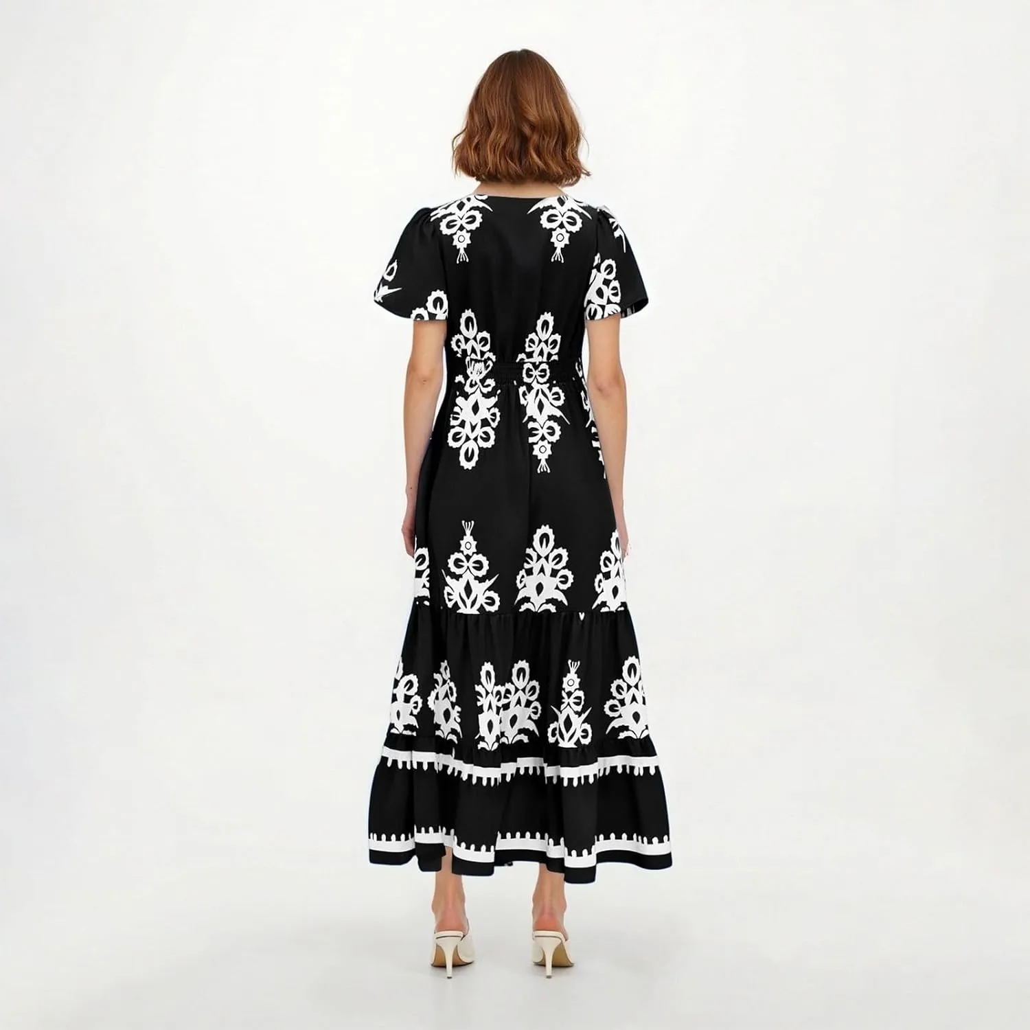 Summer Dresses for Women V Neck Short Sleeve Wrap Midi Dress Empire Waist A Line Ruffle Tiered Maxi Dress with Pockets