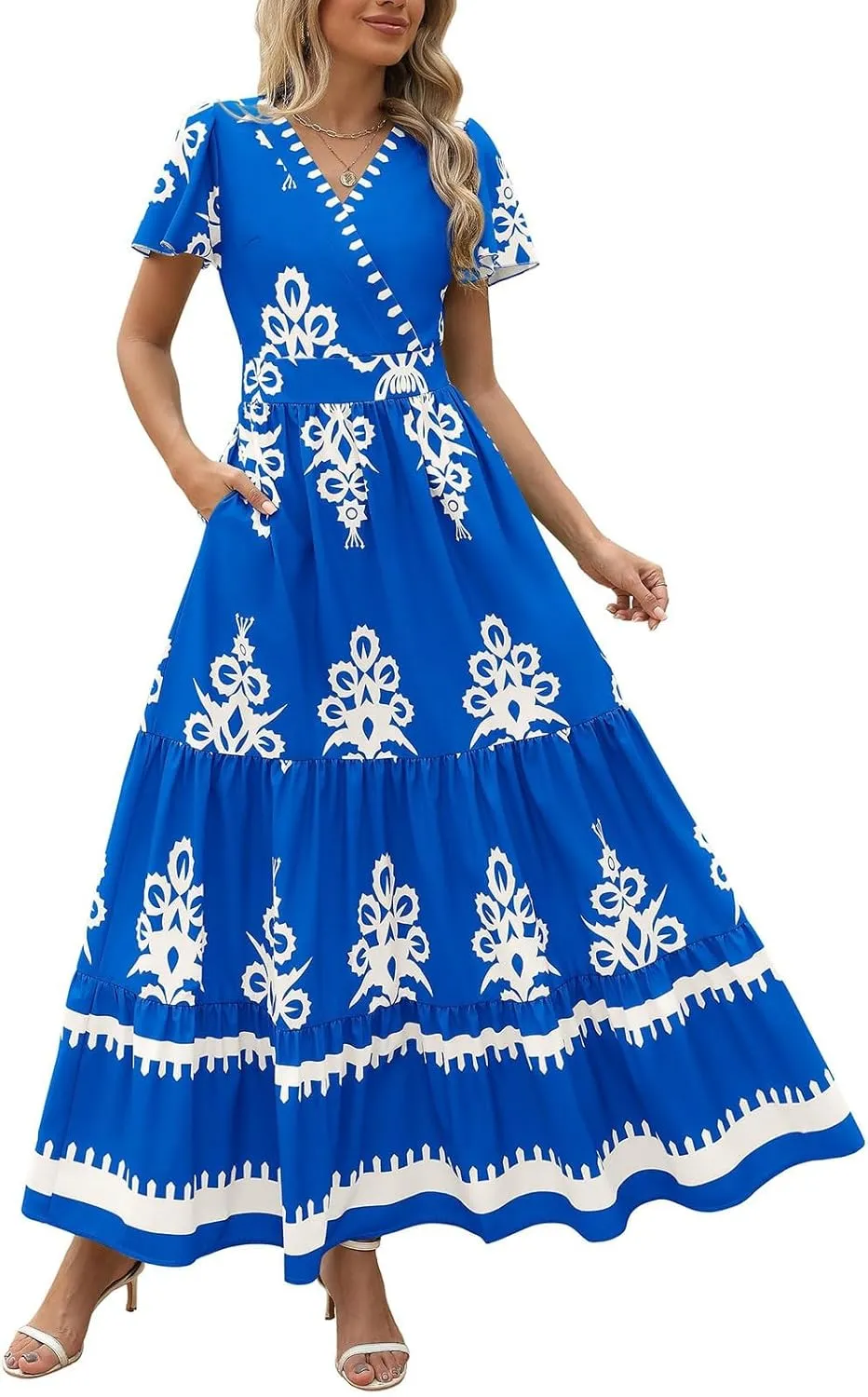 Summer Dresses for Women V Neck Short Sleeve Wrap Midi Dress Empire Waist A Line Ruffle Tiered Maxi Dress with Pockets