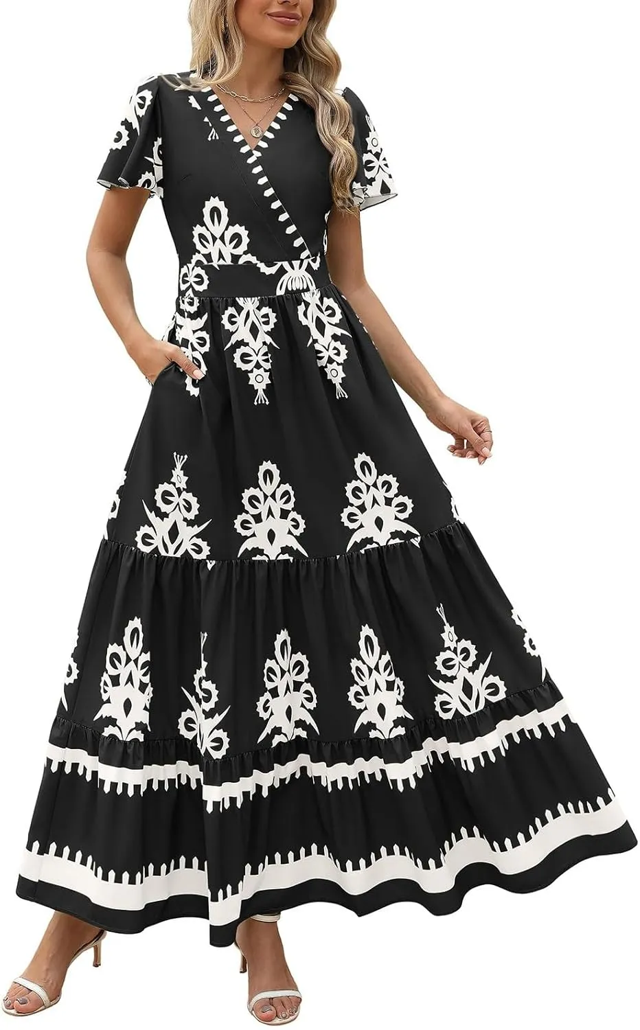 Summer Dresses for Women V Neck Short Sleeve Wrap Midi Dress Empire Waist A Line Ruffle Tiered Maxi Dress with Pockets