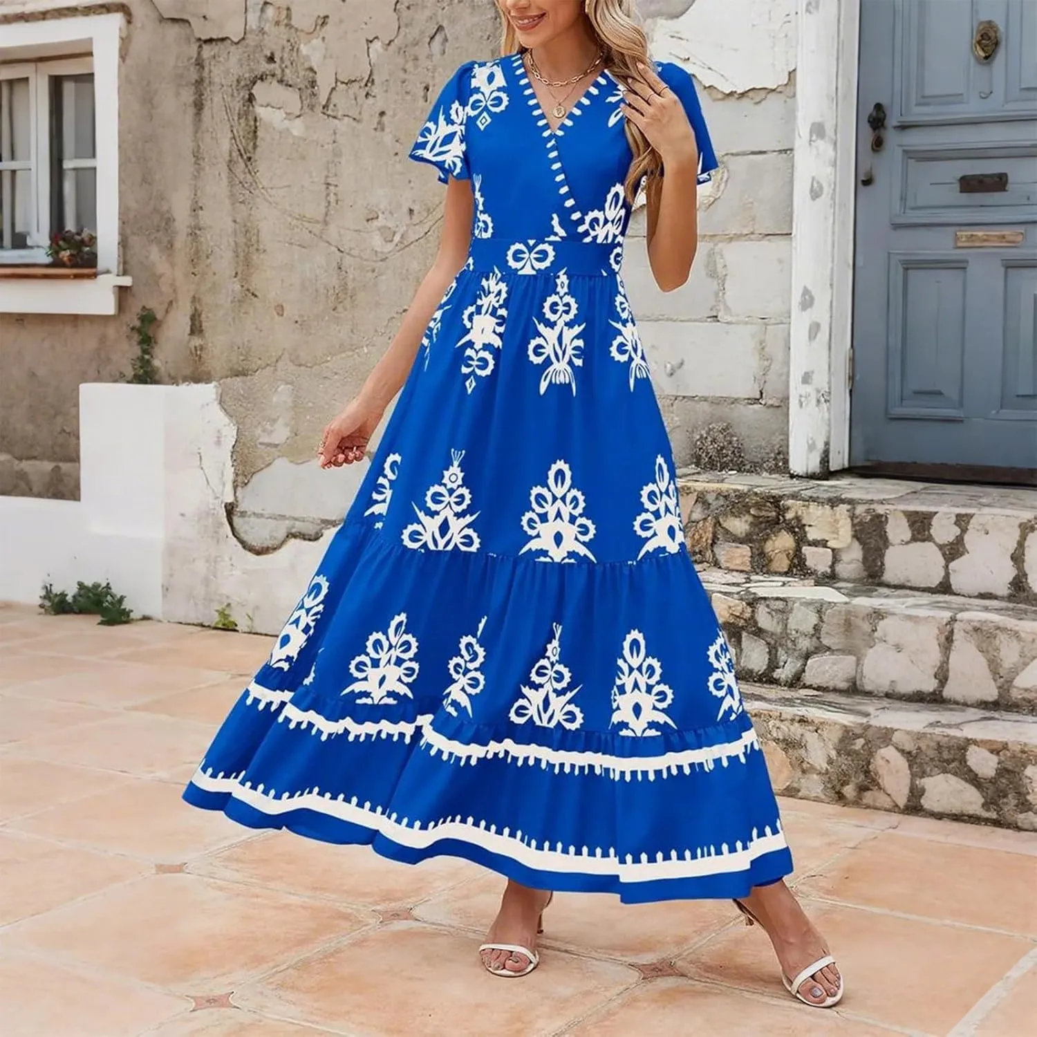 Summer Dresses for Women V Neck Short Sleeve Wrap Midi Dress Empire Waist A Line Ruffle Tiered Maxi Dress with Pockets