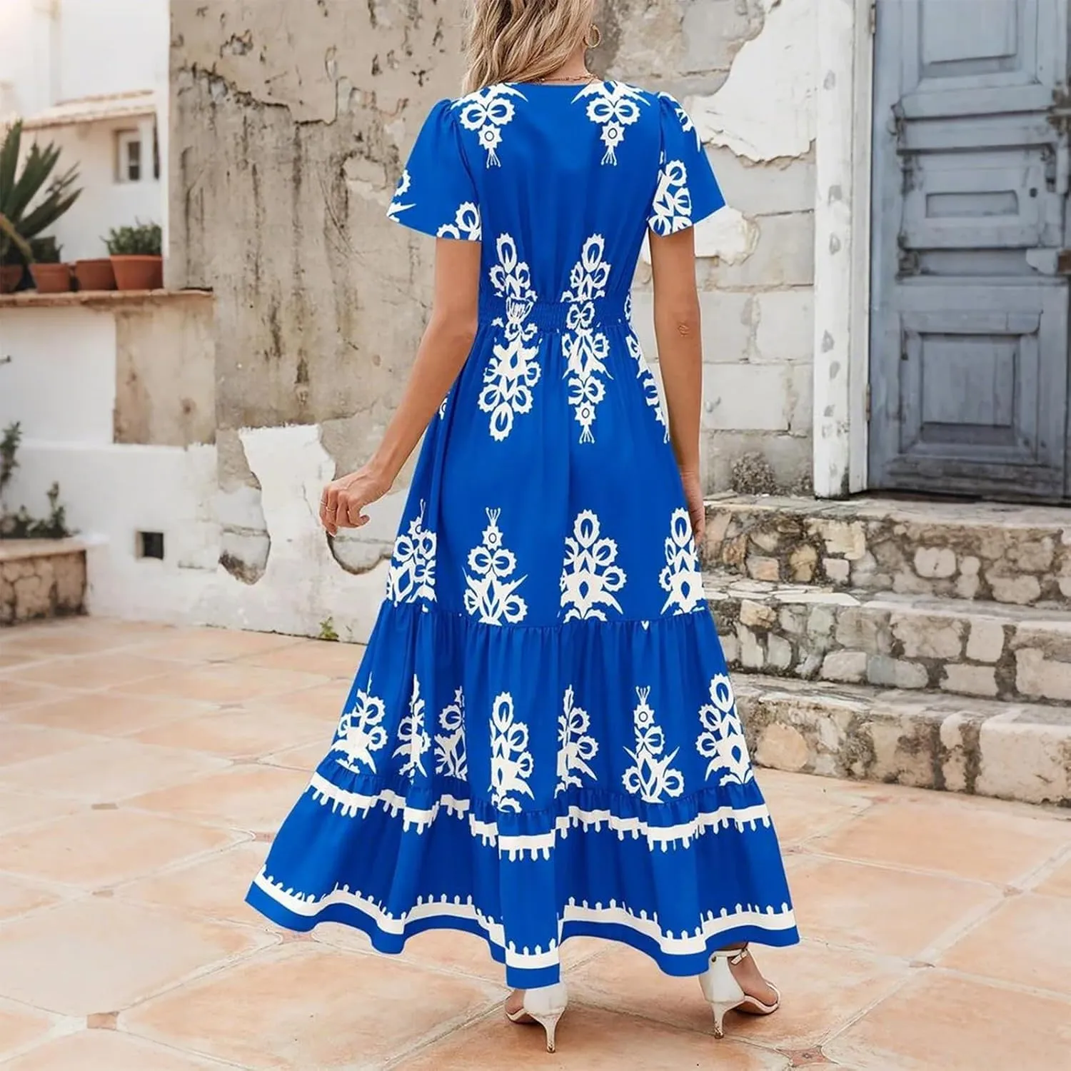 Summer Dresses for Women V Neck Short Sleeve Wrap Midi Dress Empire Waist A Line Ruffle Tiered Maxi Dress with Pockets