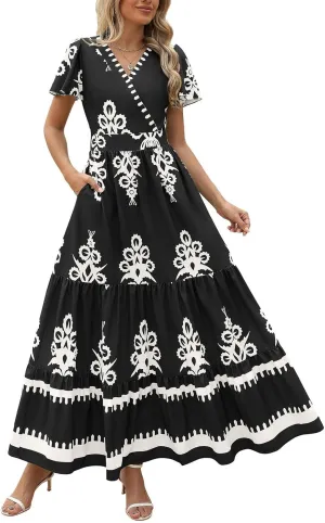Summer Dresses for Women V Neck Short Sleeve Wrap Midi Dress Empire Waist A Line Ruffle Tiered Maxi Dress with Pockets