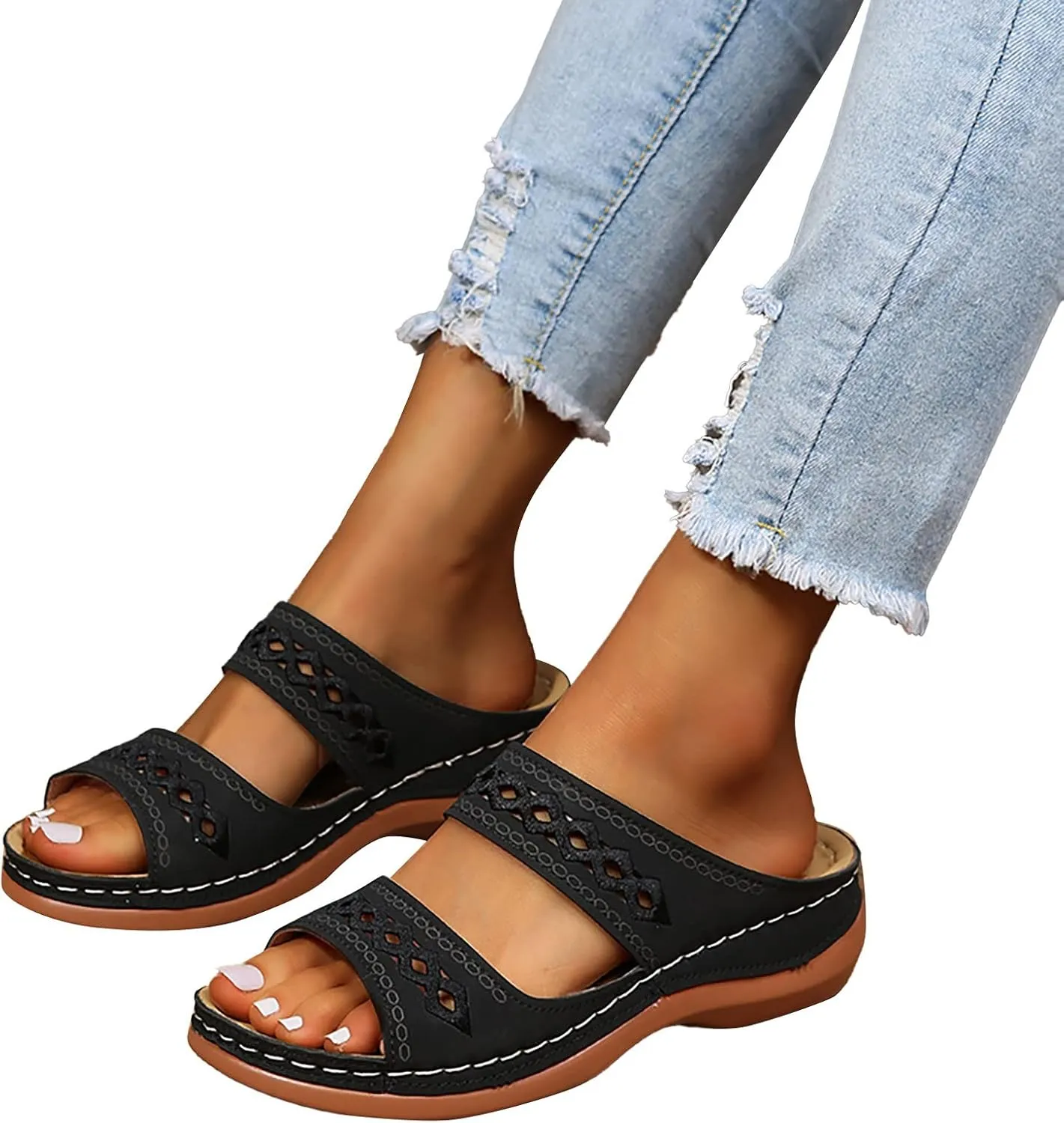 Summer Sandals for Women 2025 Boho Open Toe Slip On Slides Summer Casual Comfortable Beach Orthopedic Sandals