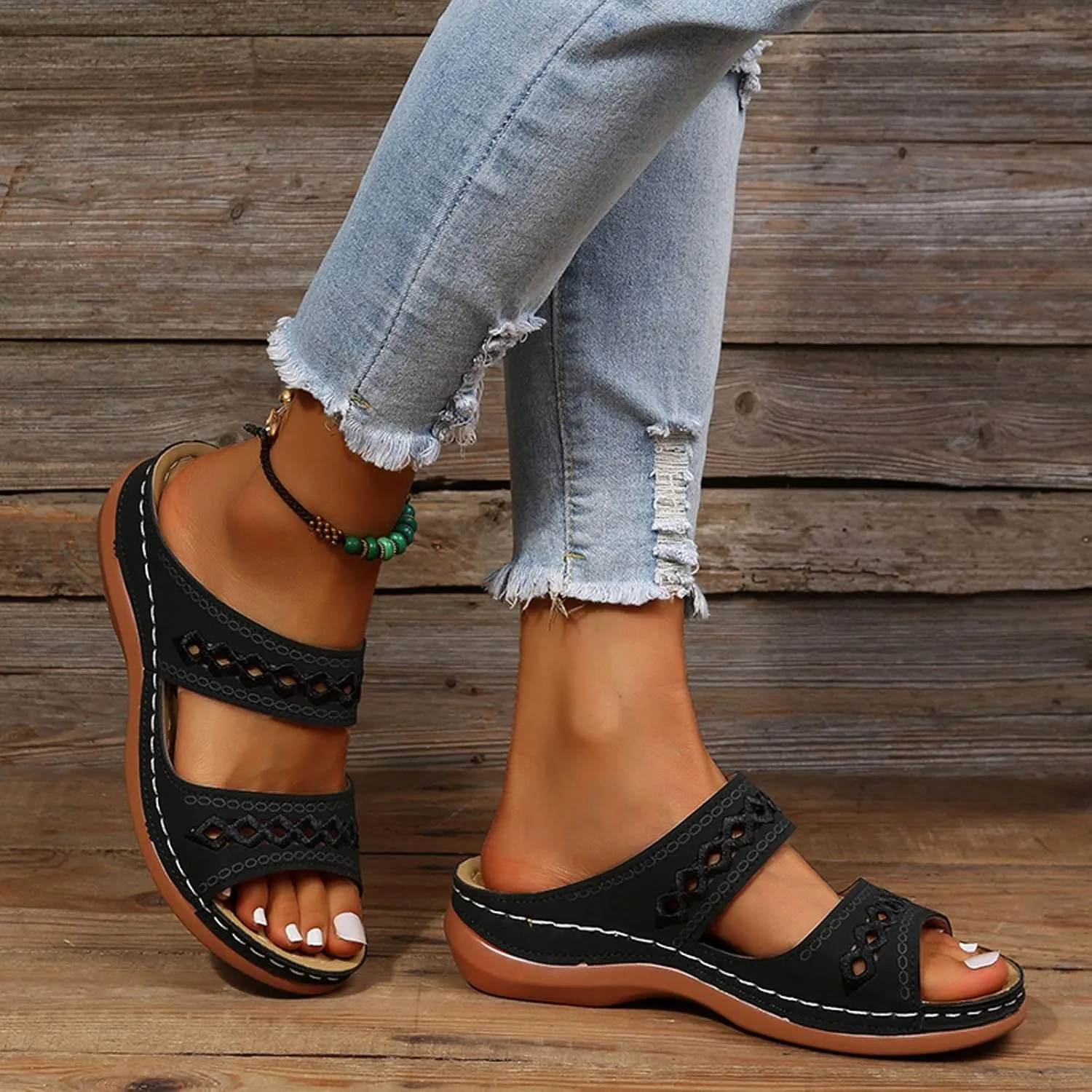 Summer Sandals for Women 2025 Boho Open Toe Slip On Slides Summer Casual Comfortable Beach Orthopedic Sandals