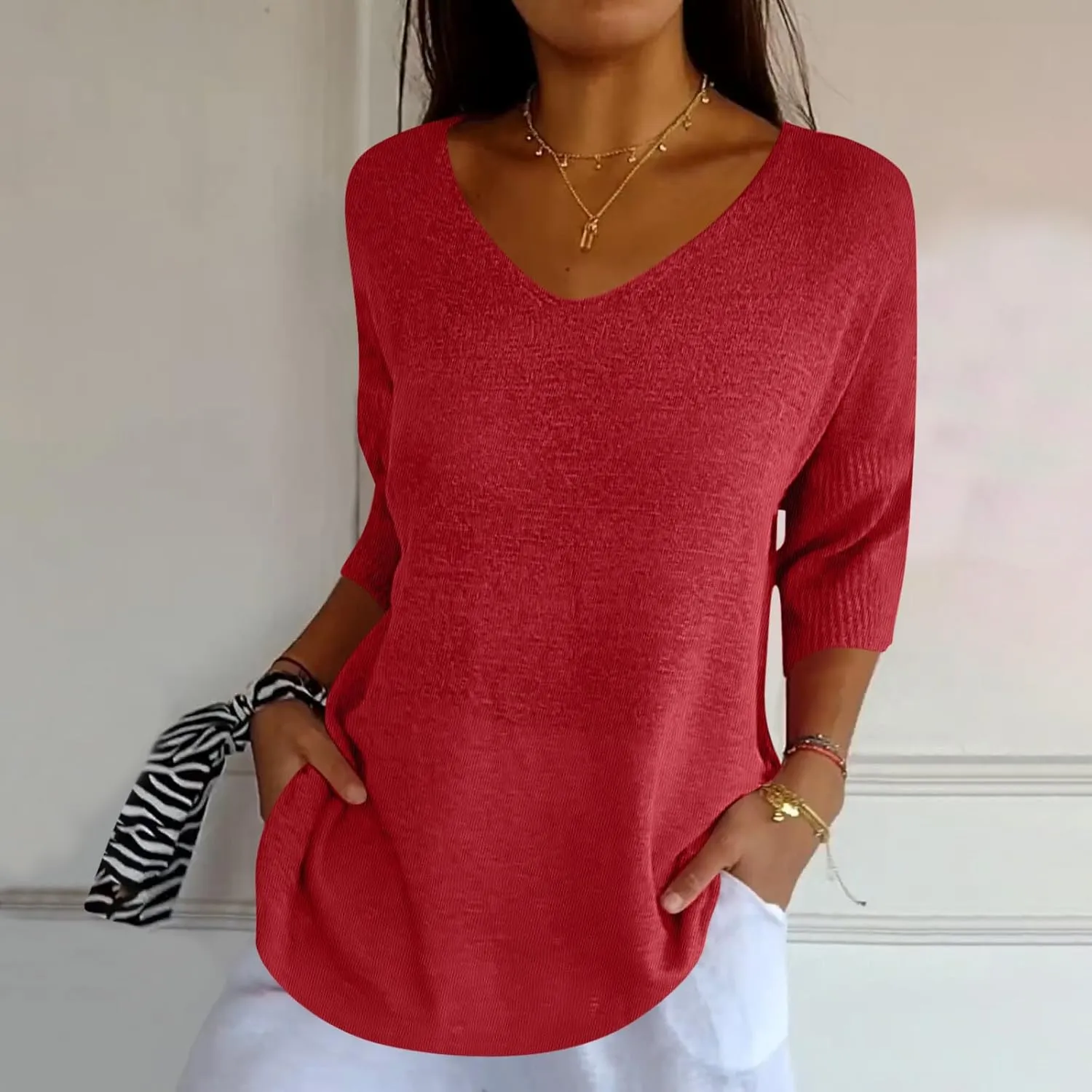 Summer Sweaters for Women 3/4 Sleeve Oversized Top V Neck Loose Fit Ribbed T Shirt Solid Color Casual Blouse