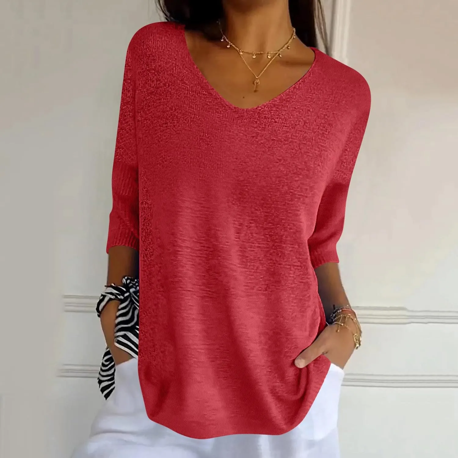 Summer Sweaters for Women 3/4 Sleeve Oversized Top V Neck Loose Fit Ribbed T Shirt Solid Color Casual Blouse