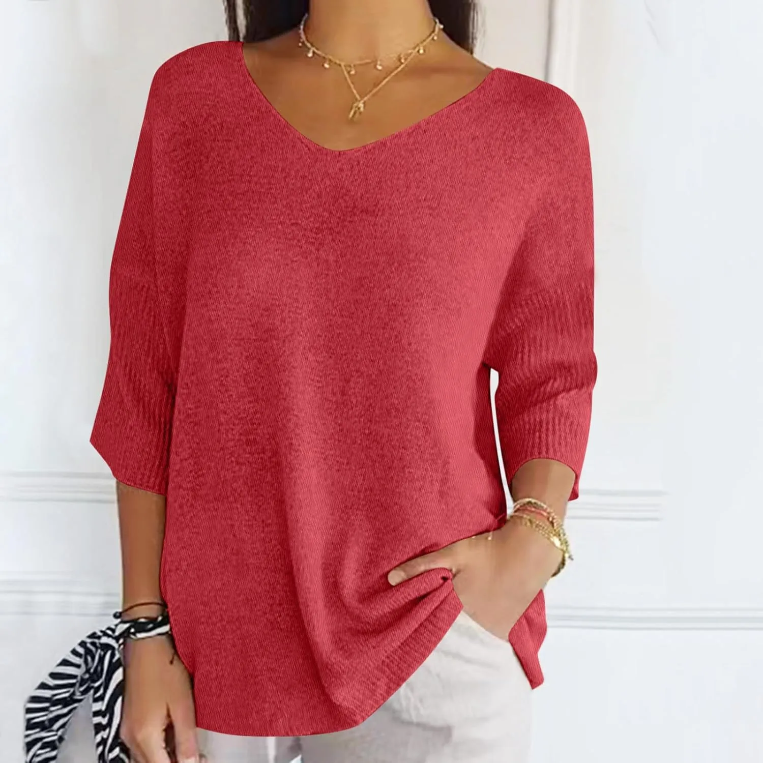 Summer Sweaters for Women 3/4 Sleeve Oversized Top V Neck Loose Fit Ribbed T Shirt Solid Color Casual Blouse