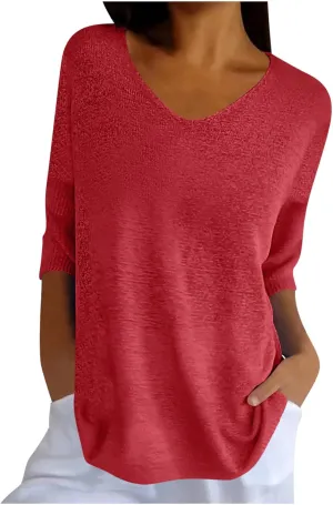 Summer Sweaters for Women 3/4 Sleeve Oversized Top V Neck Loose Fit Ribbed T Shirt Solid Color Casual Blouse