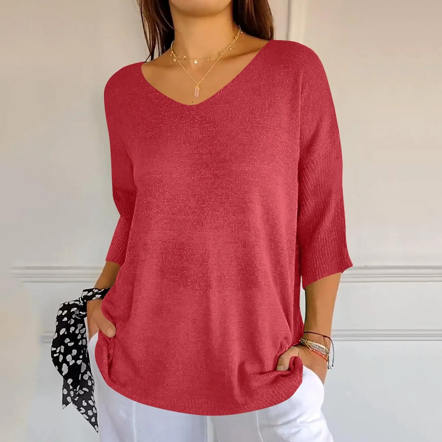 Summer Sweaters for Women 3/4 Sleeve Oversized Top V Neck Loose Fit Ribbed T Shirt Solid Color Casual Blouse