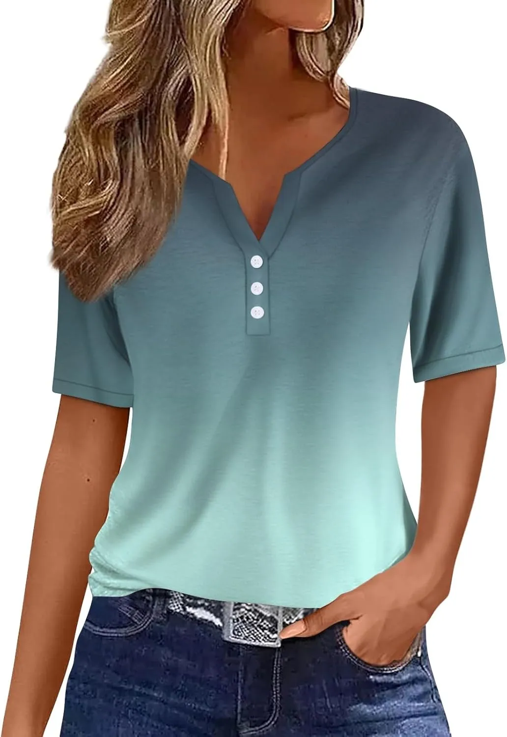 Summer Tops for Women 2025 Button V Neck Boho Short Sleeve Shirts Casual Loose Comfy Tunic Trendy Pullover