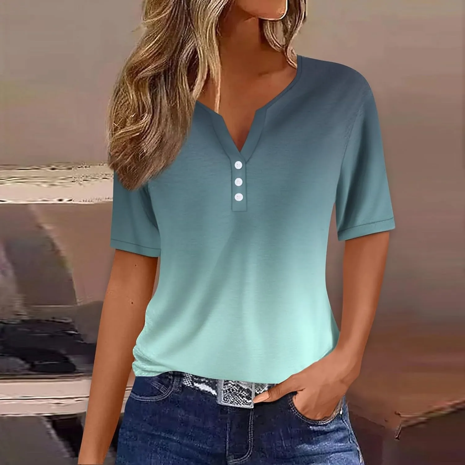 Summer Tops for Women 2025 Button V Neck Boho Short Sleeve Shirts Casual Loose Comfy Tunic Trendy Pullover