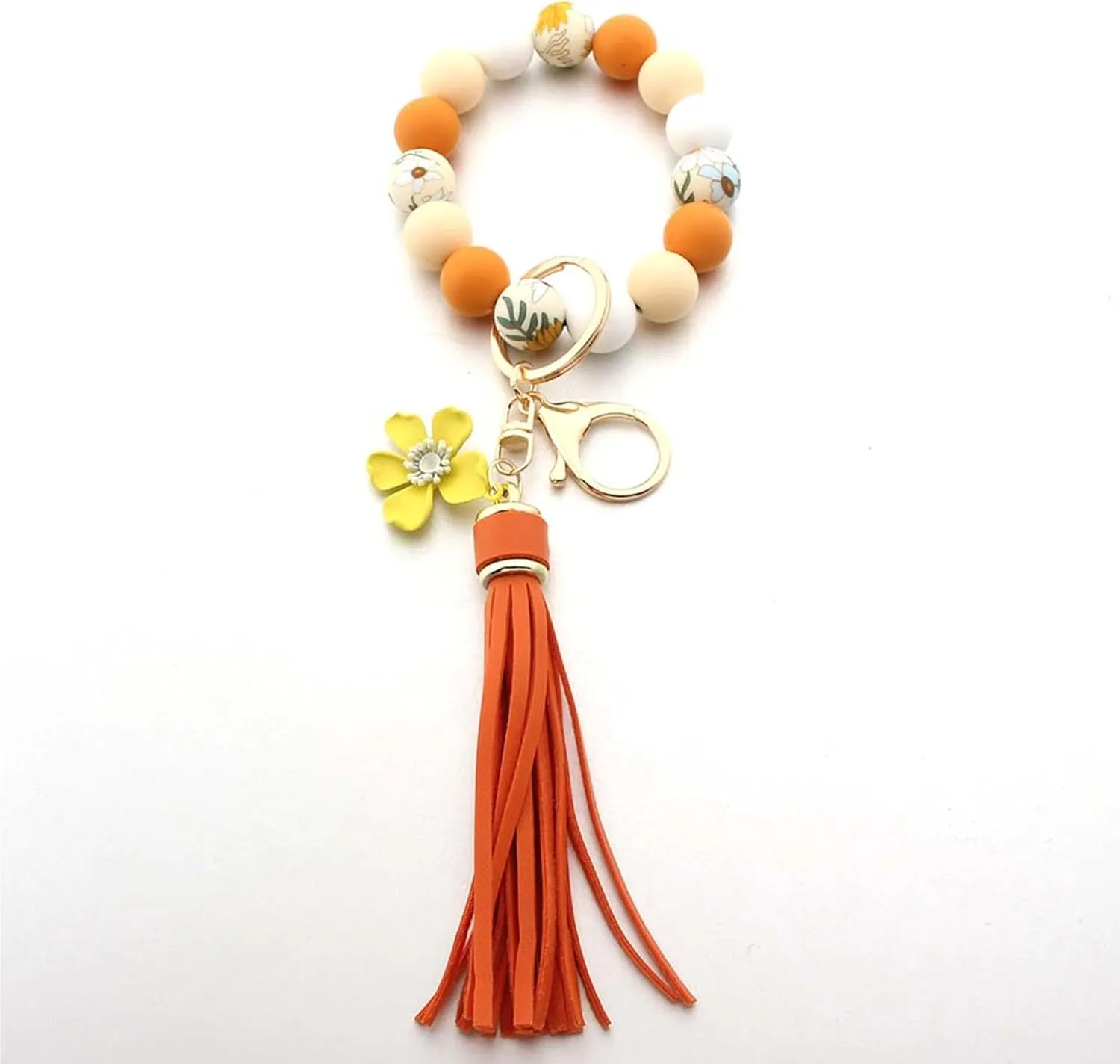 Sunflower Silicone Beaded Keychain Wristlet for Women,Wrists Bangel Key Chain Leather Tassel,Beaded Bracelet