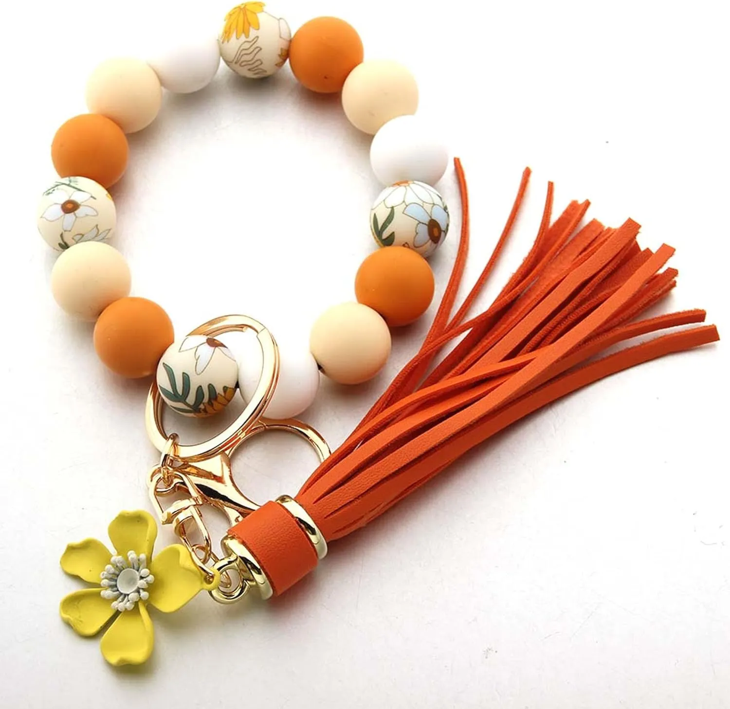 Sunflower Silicone Beaded Keychain Wristlet for Women,Wrists Bangel Key Chain Leather Tassel,Beaded Bracelet