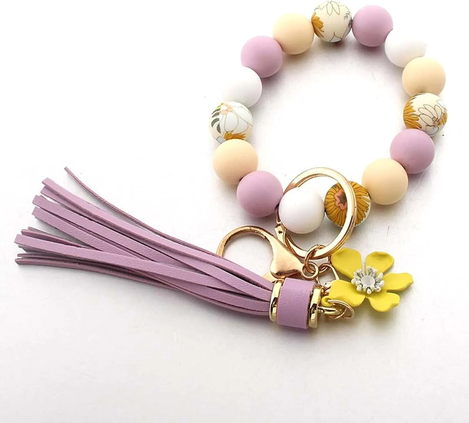 Sunflower Silicone Beaded Keychain Wristlet for Women,Wrists Bangel Key Chain Leather Tassel,Beaded Bracelet