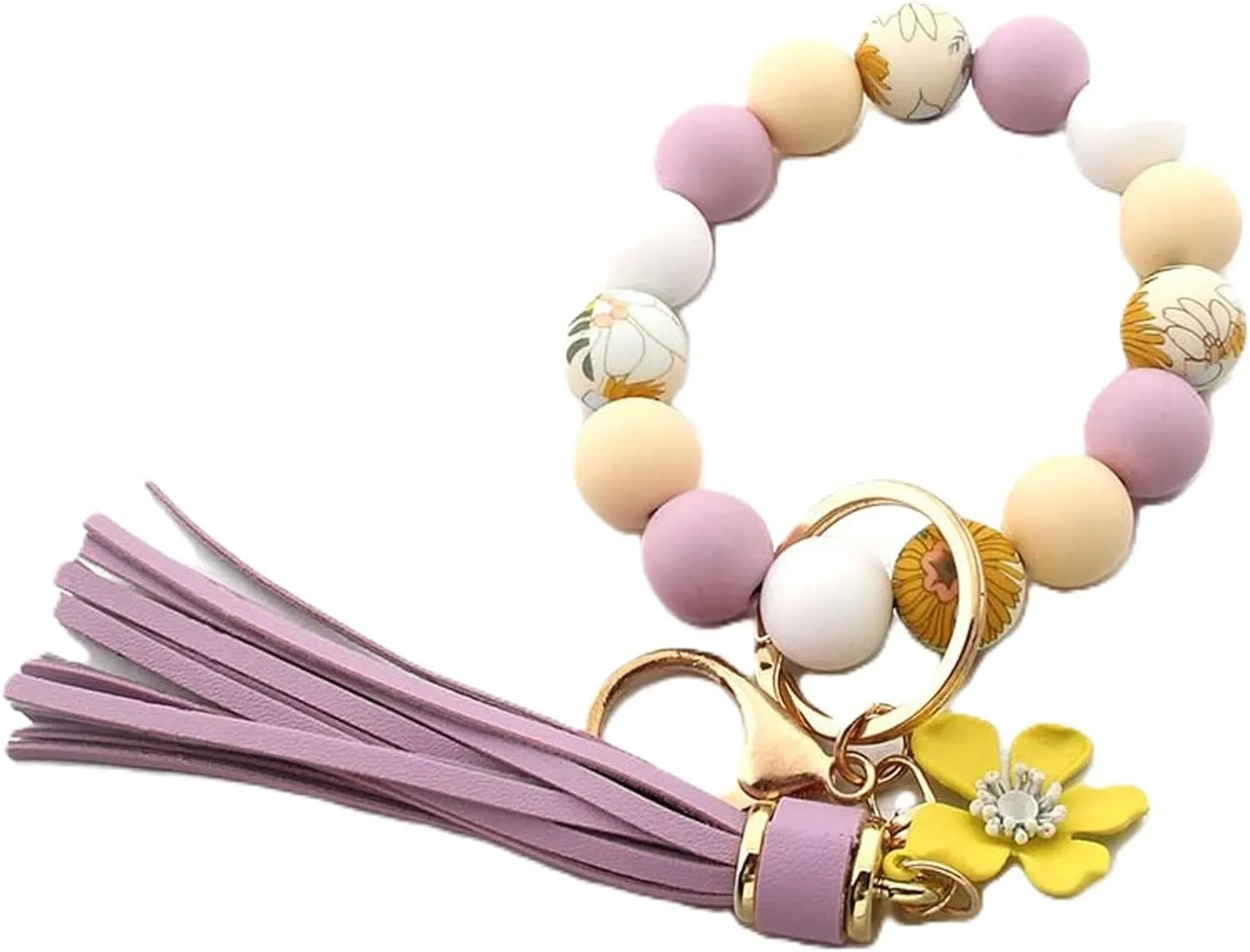 Sunflower Silicone Beaded Keychain Wristlet for Women,Wrists Bangel Key Chain Leather Tassel,Beaded Bracelet