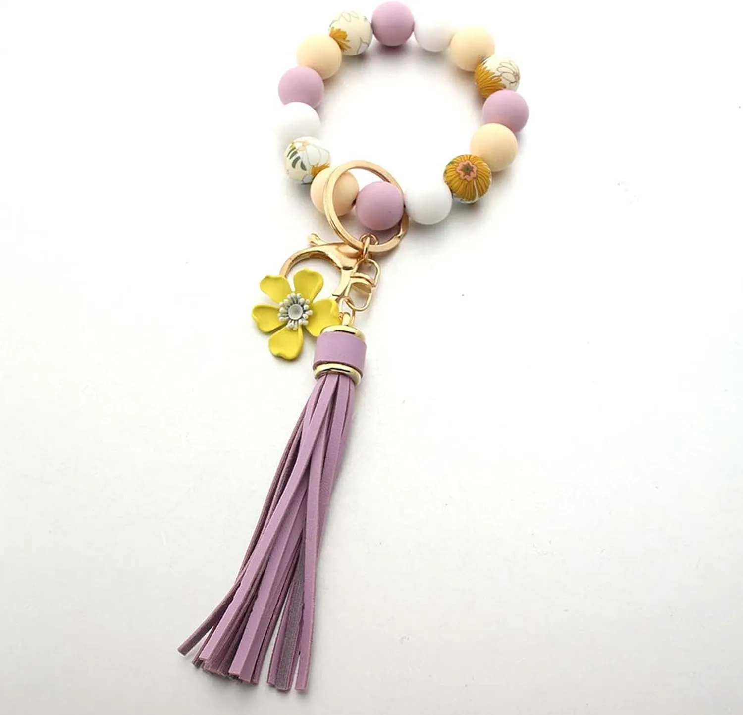 Sunflower Silicone Beaded Keychain Wristlet for Women,Wrists Bangel Key Chain Leather Tassel,Beaded Bracelet