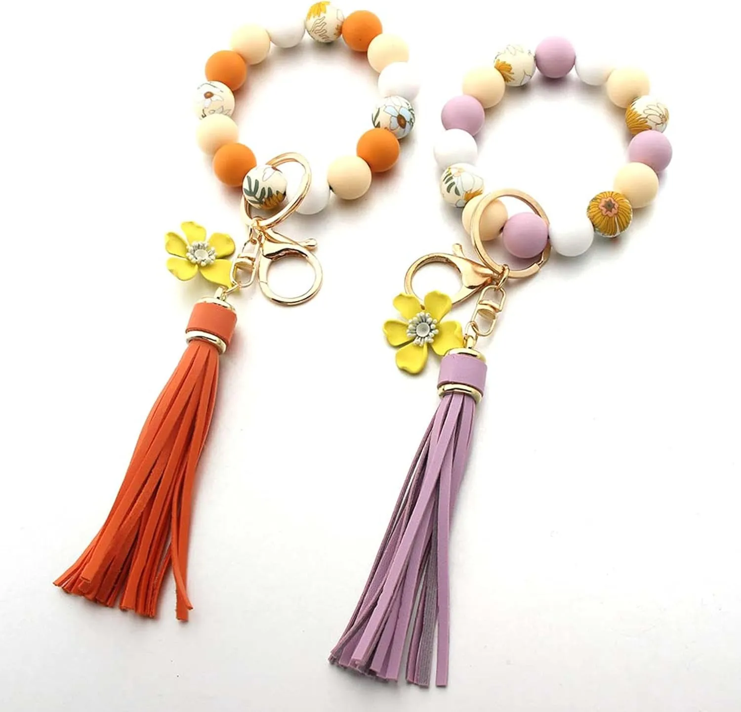 Sunflower Silicone Beaded Keychain Wristlet for Women,Wrists Bangel Key Chain Leather Tassel,Beaded Bracelet