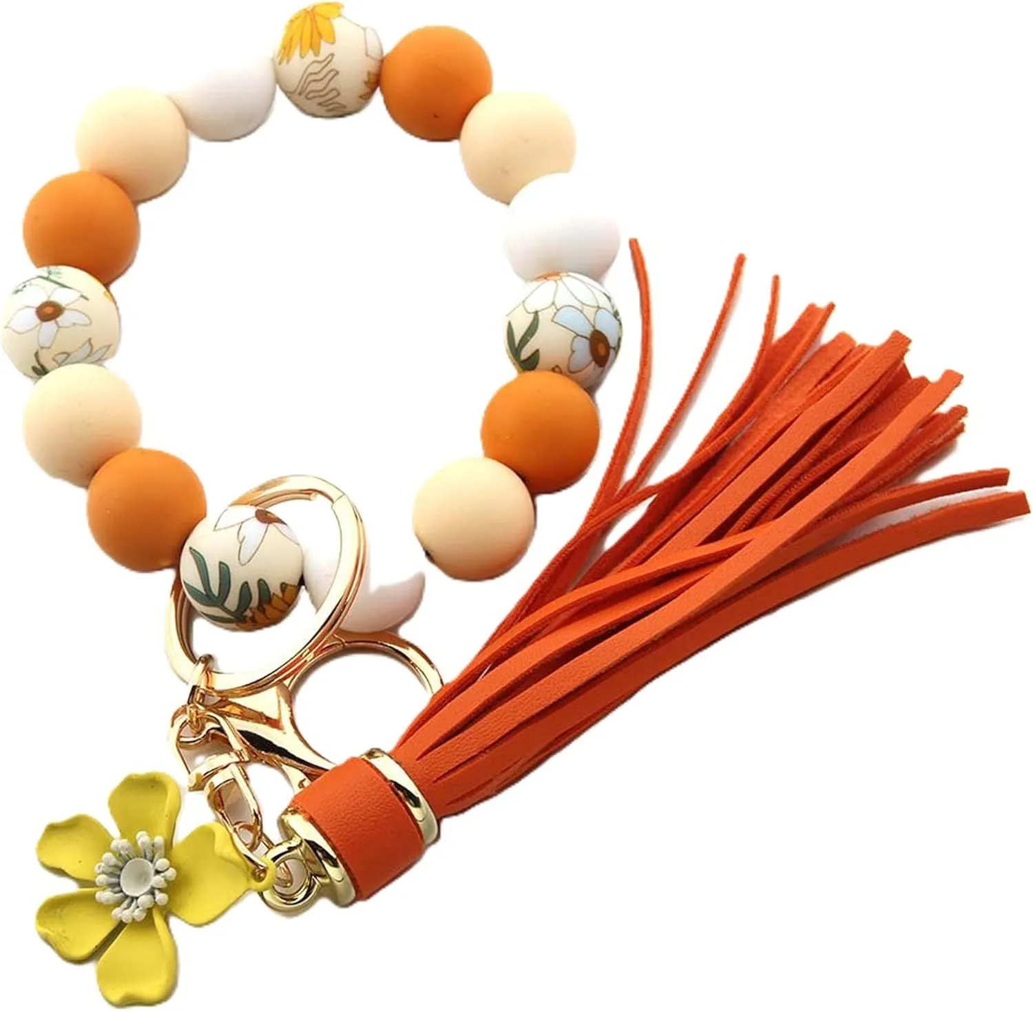 Sunflower Silicone Beaded Keychain Wristlet for Women,Wrists Bangel Key Chain Leather Tassel,Beaded Bracelet